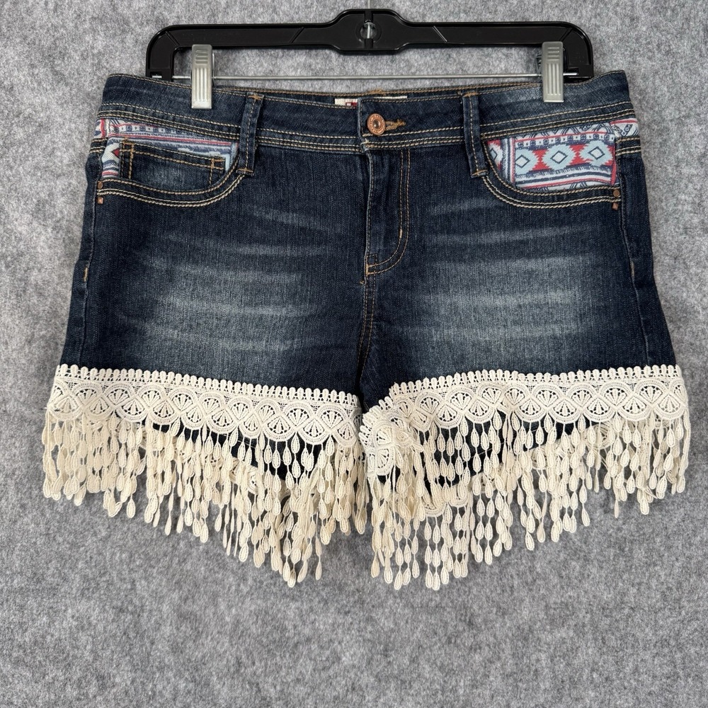 Lei Low Rise Lace Fringe Denim Shorts Womens Juniors 9 Ashley Southwestern Boho